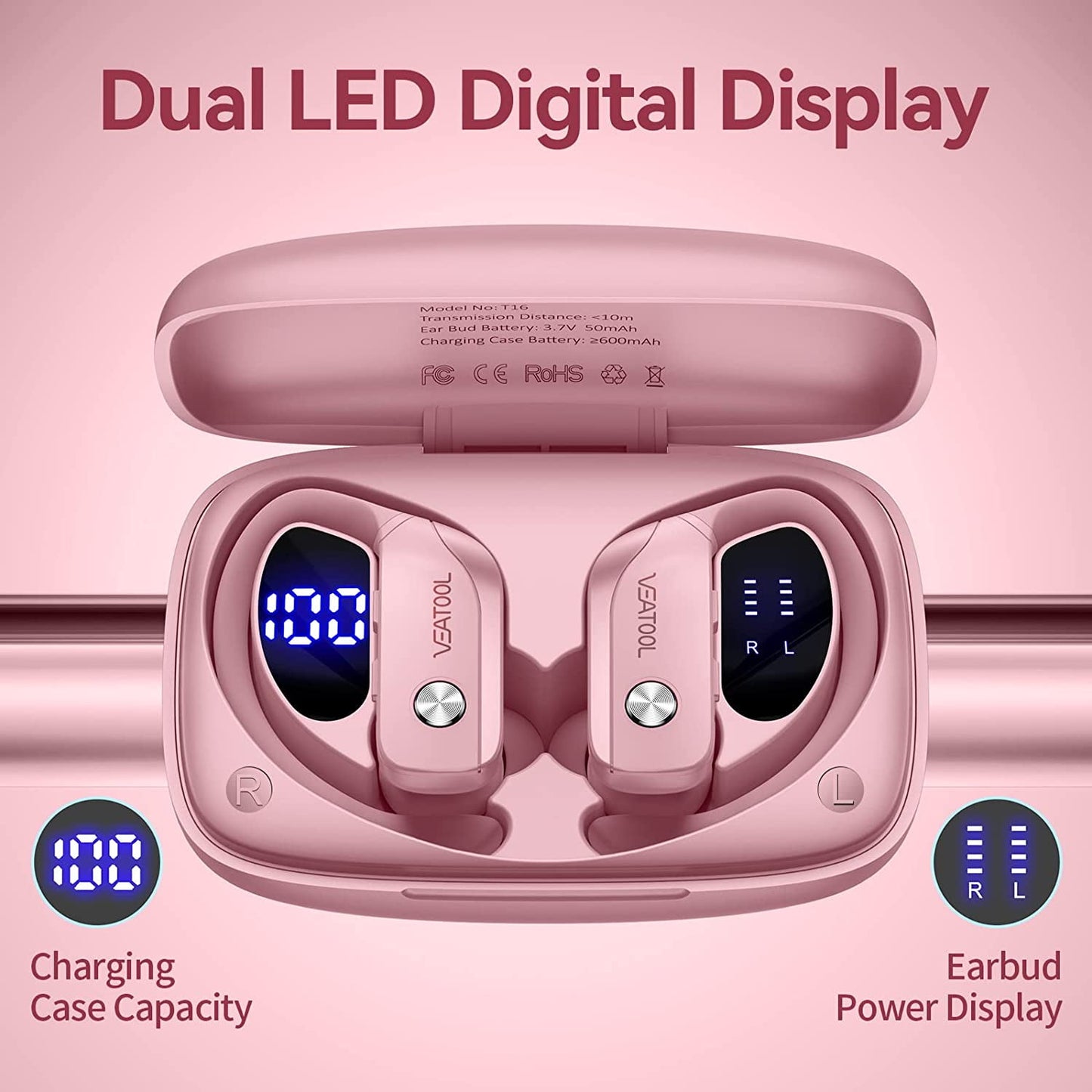 VEAT00L Wireless Earbuds Bluetooth Headphone Sport, Bluetooth 5.4 Earbud, 72Hrs Earphone with Earhook, Noise Cancelling Mic, IP7 Waterproof Headset for Workout/Running
