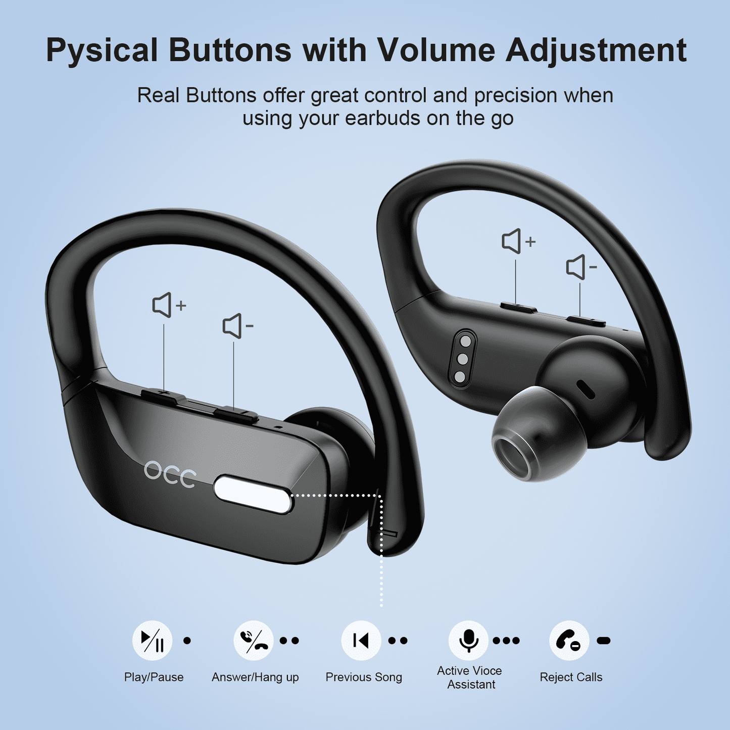 Bluetooth Headphones Wireless Earbuds 48hrs Playback IPX5 Waterproof Earphones Over-Ear Stereo Bass Headset with Earhooks Microphone LED Battery Display for Sports/Workout/Gym Black