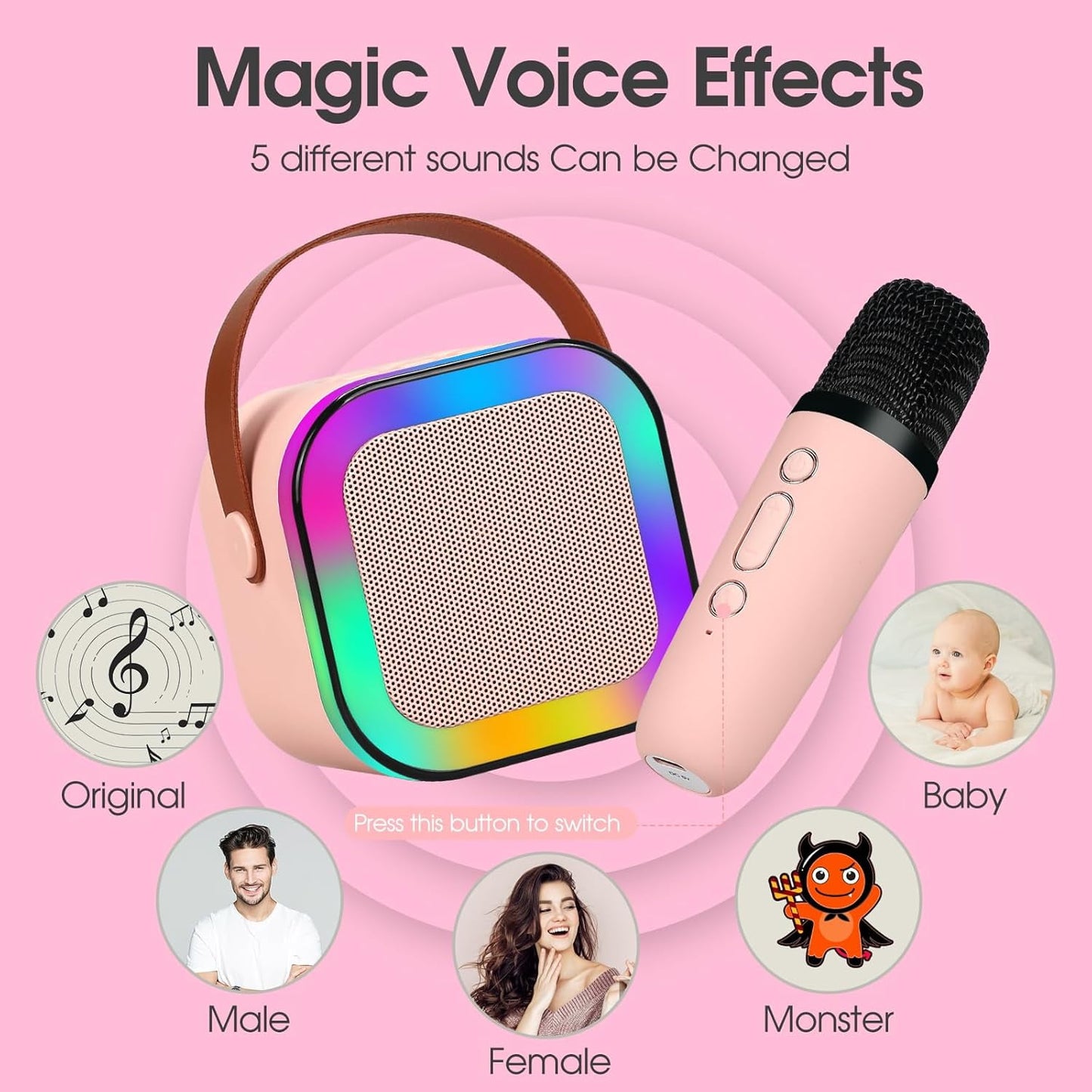 XANLUOER Karaoke Machine for Kids and Adults, Mini Portable Bluetooth Speaker with Microphones and Lights(Pink)