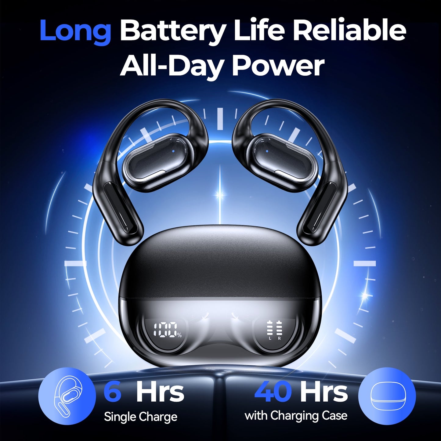 VEAT00L T5 Open Ear Headphones with Mic, Air Conduction Wireless Earbuds with LED Digital Display 40 Hrs Playtime,Clear Call ,Fast Charing,IPX7,Bluetooth 5.4 Open Ear Earbuds for Running, Workout