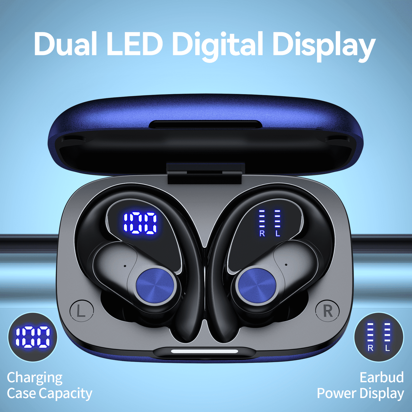 VEAT00L V6 Bluetooth Headphones Wireless Earbuds 88Hrs Playback Sport Ear Buds with Earhook Digital Display Charging Case IPX7 Waterproof Earbud Deep Bass Running Earphones for iOS Android Cellphone