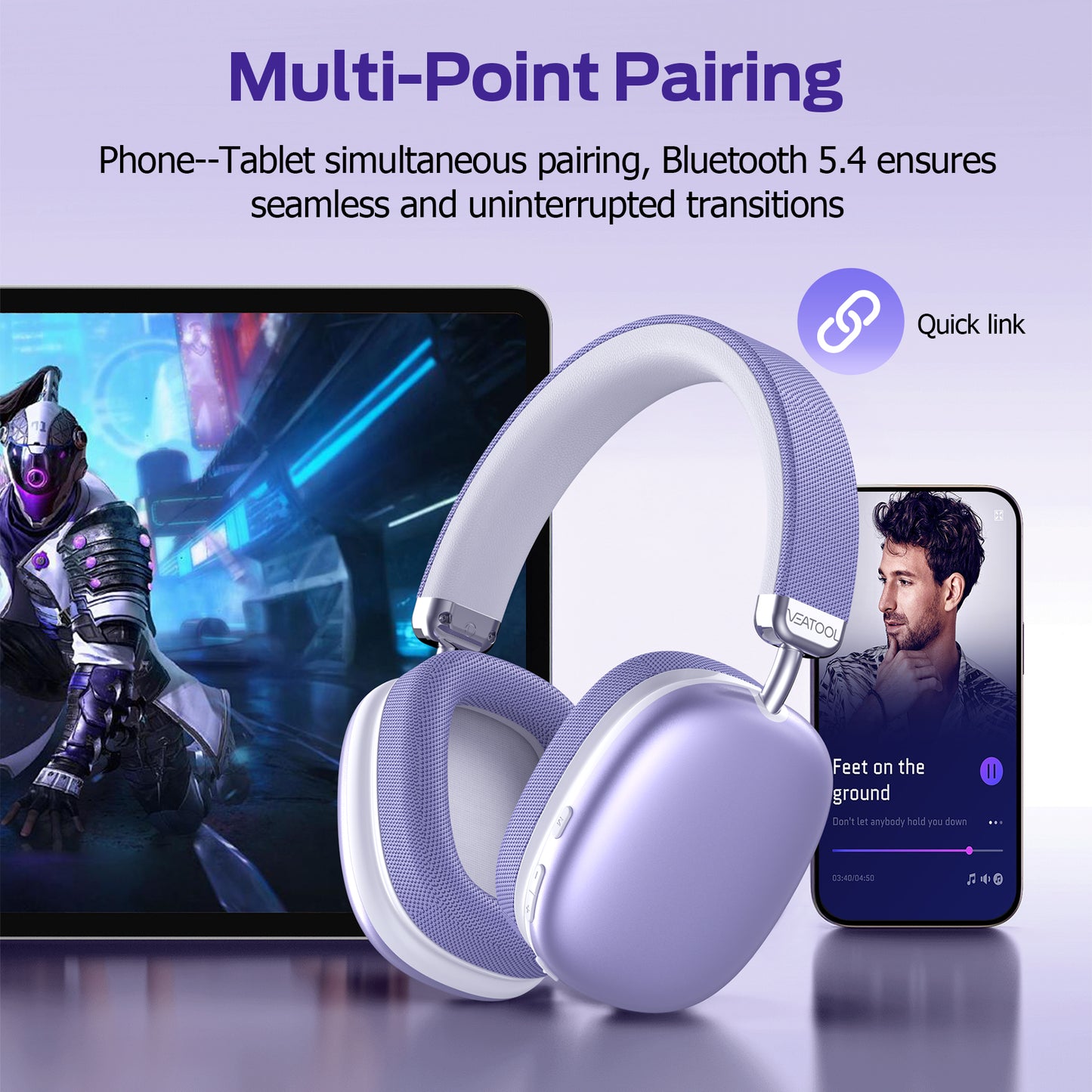 Purple Over-Ear Bluetooth Headphones: 40mm Bass Driver, Bluetooth 5.3 Dual-Mode, 40hr Battery, Comfort Fit