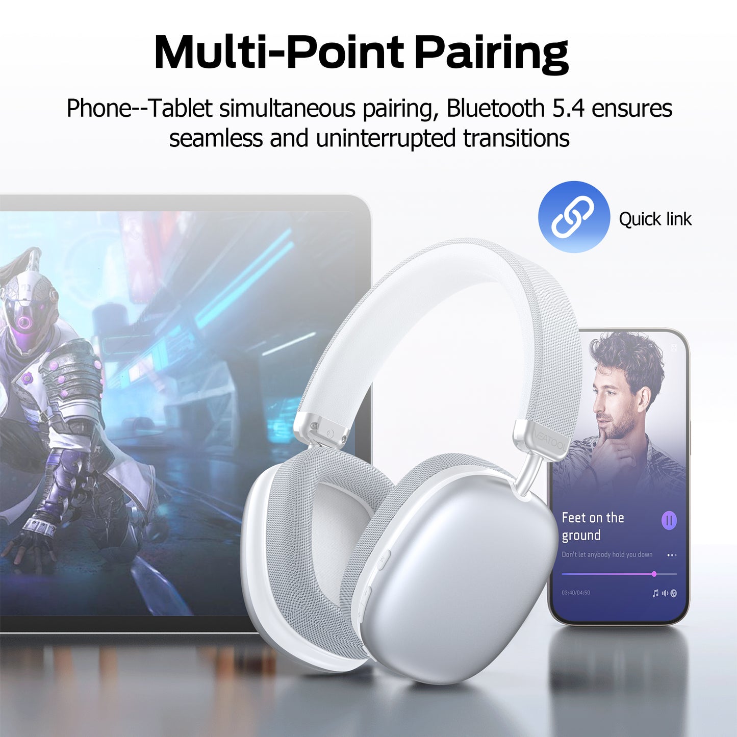 Tri-mode gaming headset, over-ear design, RGB lighting, noise cancellation, long battery life, multi-device compatibility.