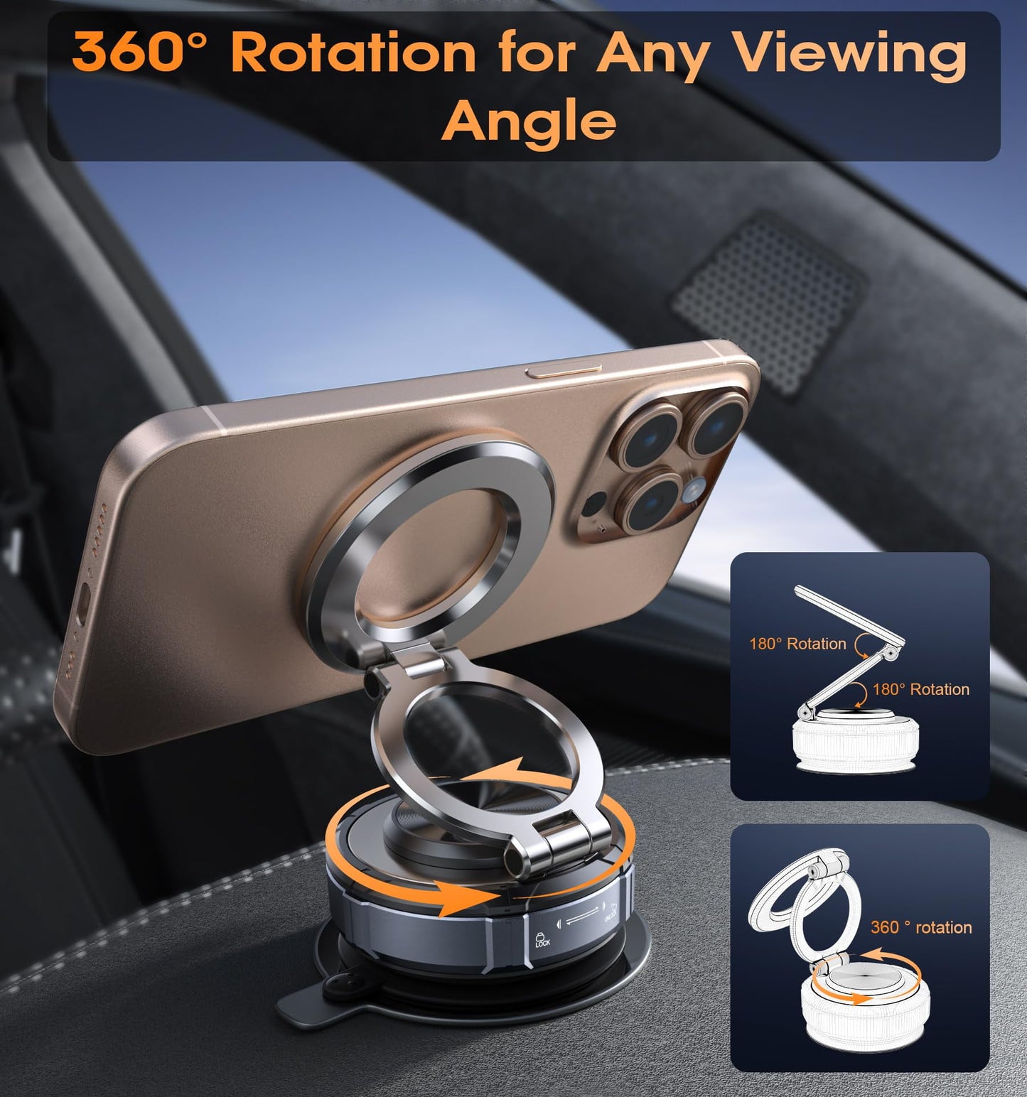 MagSafe Car Mount, Suction Cup Phone Holder, 360° Zinc Alloy Vacuum Car Holder, 98 LBS Strong for iPhone 16 15 14 13 12 Android