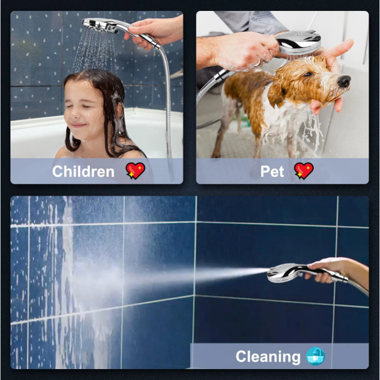 Handheld Shower Head, KDMLR 10-Mode 5.1”High Pressure Shower Head with Handheld (5 Ft Steel Long Hose/ Detachable Brass Holder/ Anti-Clog Nozzle) Built-in 2-Mode Power Wash Spray (2.5 GPM, Chrome)