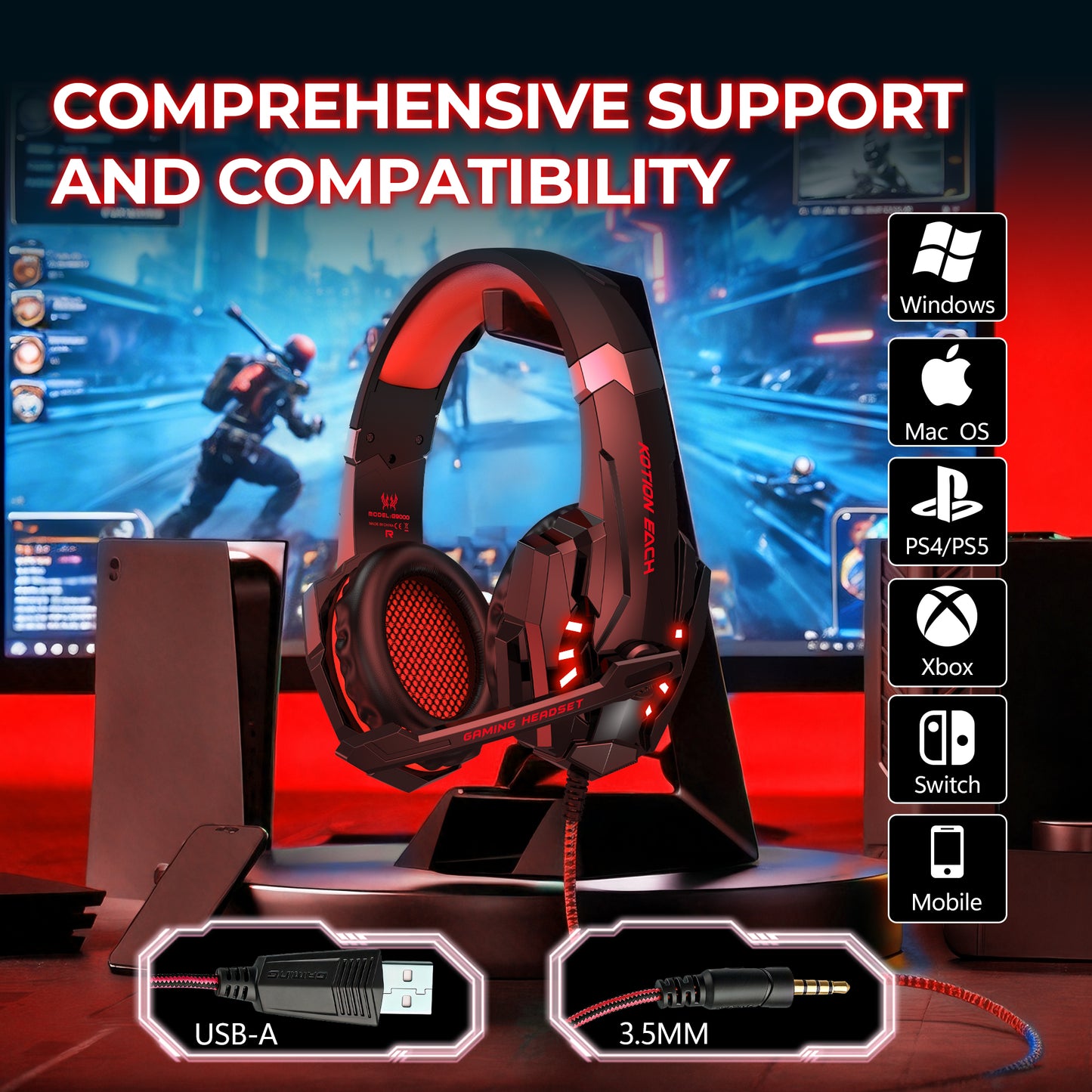 Gaming headset, over-ear design, RGB lighting, noise cancellation, long battery life, multi-device compatibility.