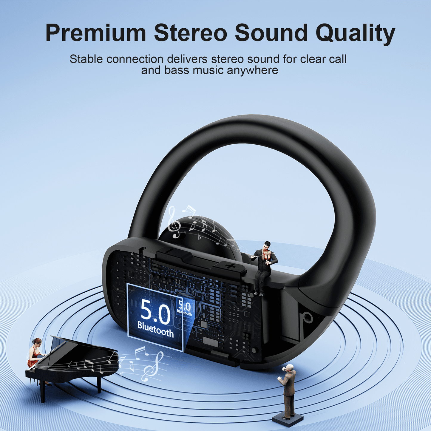 Bluetooth Headphones Wireless Earbuds 48hrs Playback IPX5 Waterproof Earphones Over-Ear Stereo Bass Headset with Earhooks Microphone LED Battery Display for Sports/Workout/Gym Black