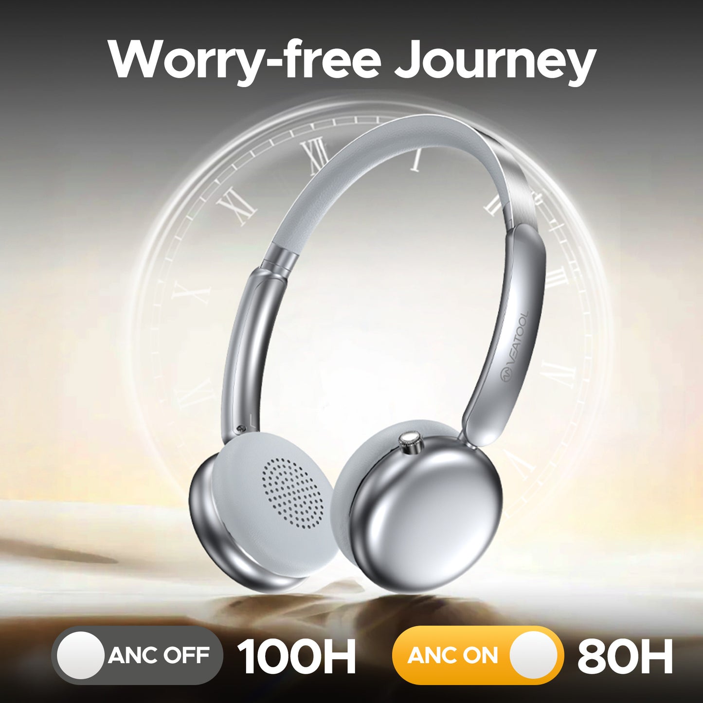 VEATOOL Mini Go Wireless Retro Headphones 100 Hours Playtime Bluetooth 5.4 Wireless ANC Over-Ear Headphones LDAC Hi-Res Wireless Audio Lightweight Wireless On-Ear Headset 70S 80S Style Silver