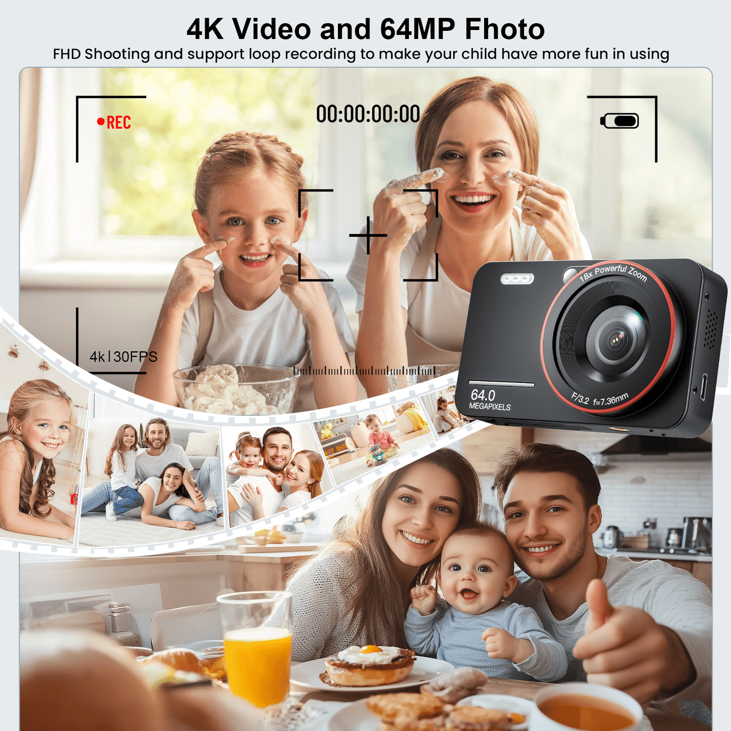Losei 64MP 4K Digital Camera, 2.8" Screen, 18X Zoom, Anti-Shake, Retro Camera, Vlogging Camera for Kids, Teens, Seniors, with 32GB Card, Black