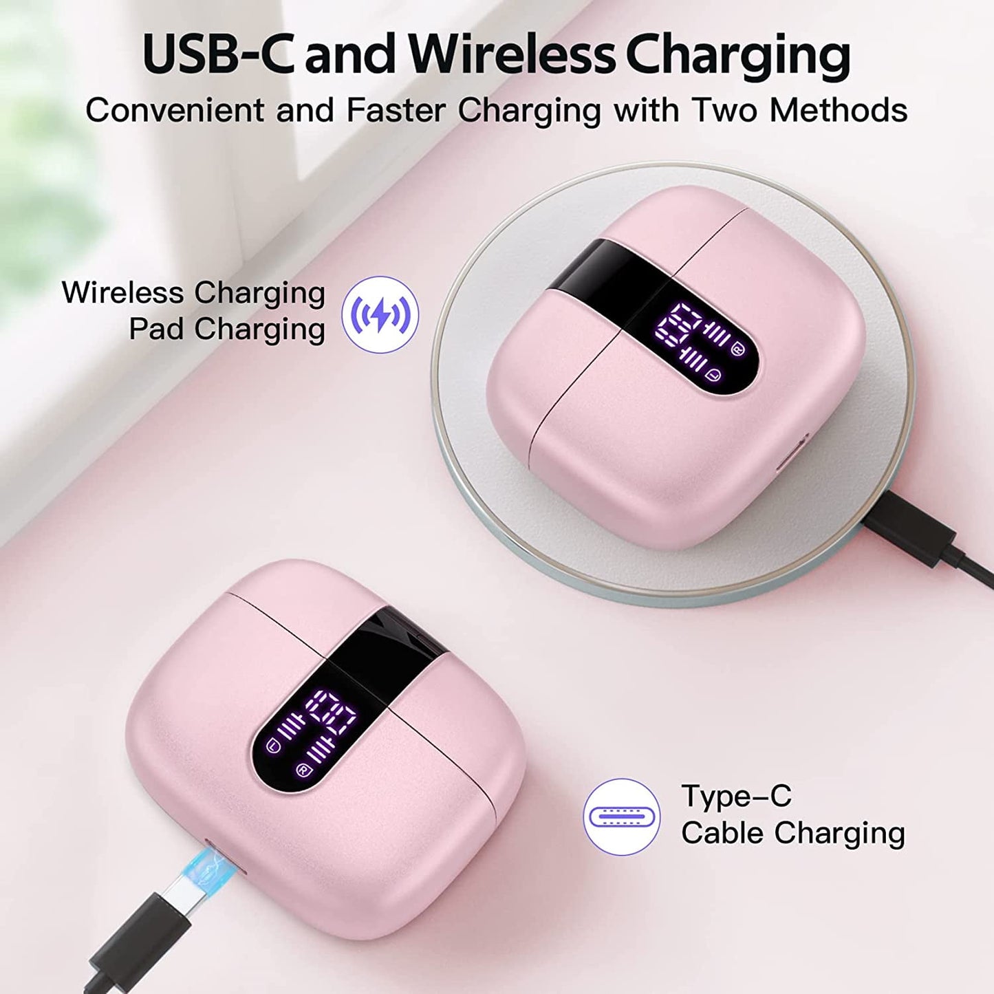 VEATOOL Bluetooth Headphones True Wireless Earbuds 65H Playback Power Display Earphones with Wireless Charging Case IPX7 Waterproof in-Ear Earbuds with Mic for TV Phone Computer Laptop