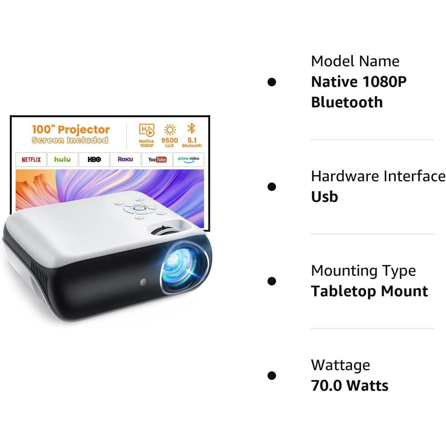 KDMLR Projector, Native 1080P Bluetooth Projector with 100''Screen, 9500L Portable Outdoor Movie Projector Compatible with Smartphone, HDMI,USB,AV,Fire Stick, PS5
