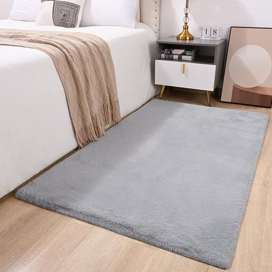 KDMLR Soft Rugs 3x5ft Grey Rug for Bedroom Machine Washable Faux Rabbit Fur Area Rug Shaggy Throw Rugs Fluffy Carpet for Dorm,Living Room,Chair,Couch,and Home Decor