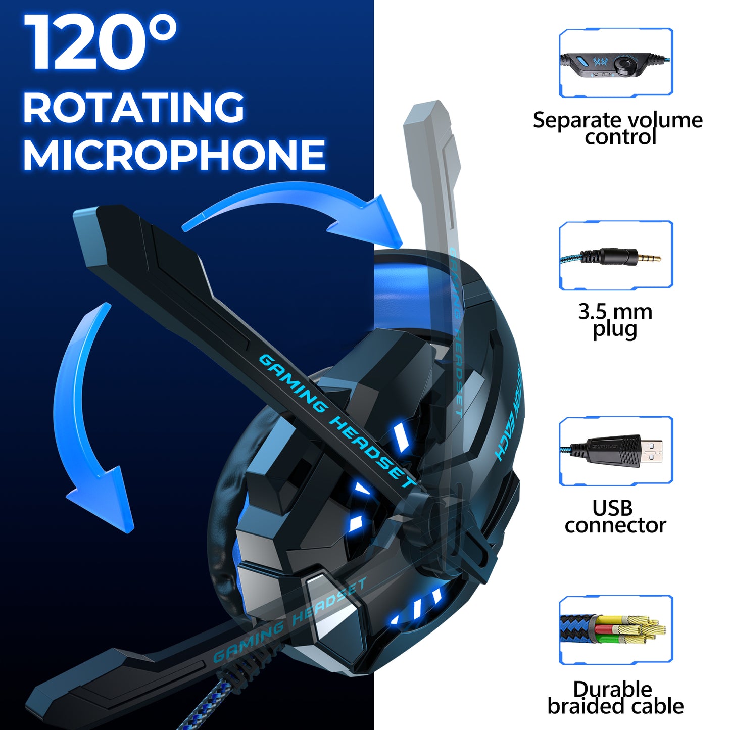 Gaming Headset with Microphone, Compatible with PS4 PS5 Xbox One PC Laptop, Over-Ear Headphones with LED Light, Noise Canceling Mic, 7.1 Stereo Surround Sound,Soft Earmuffs for Nintendo Series X|S