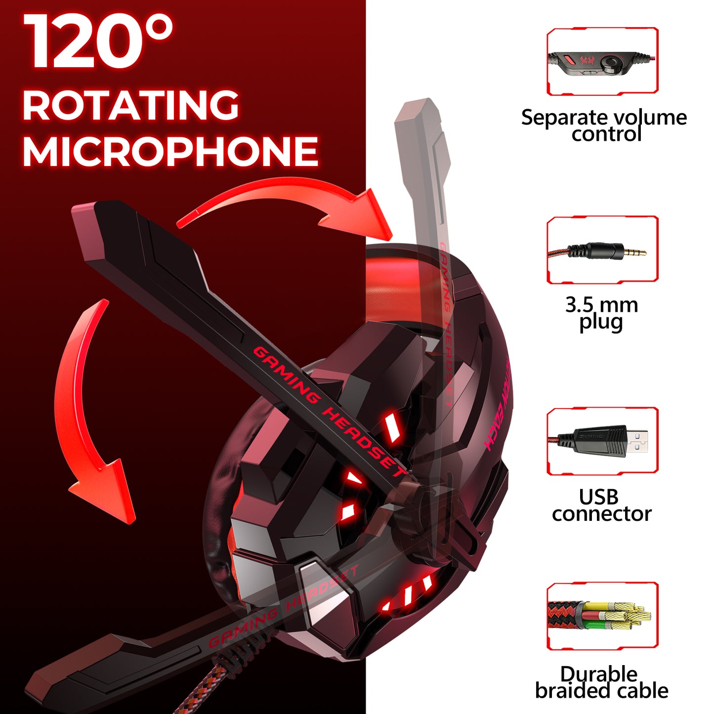 Gaming headset, over-ear design, RGB lighting, noise cancellation, long battery life, multi-device compatibility.