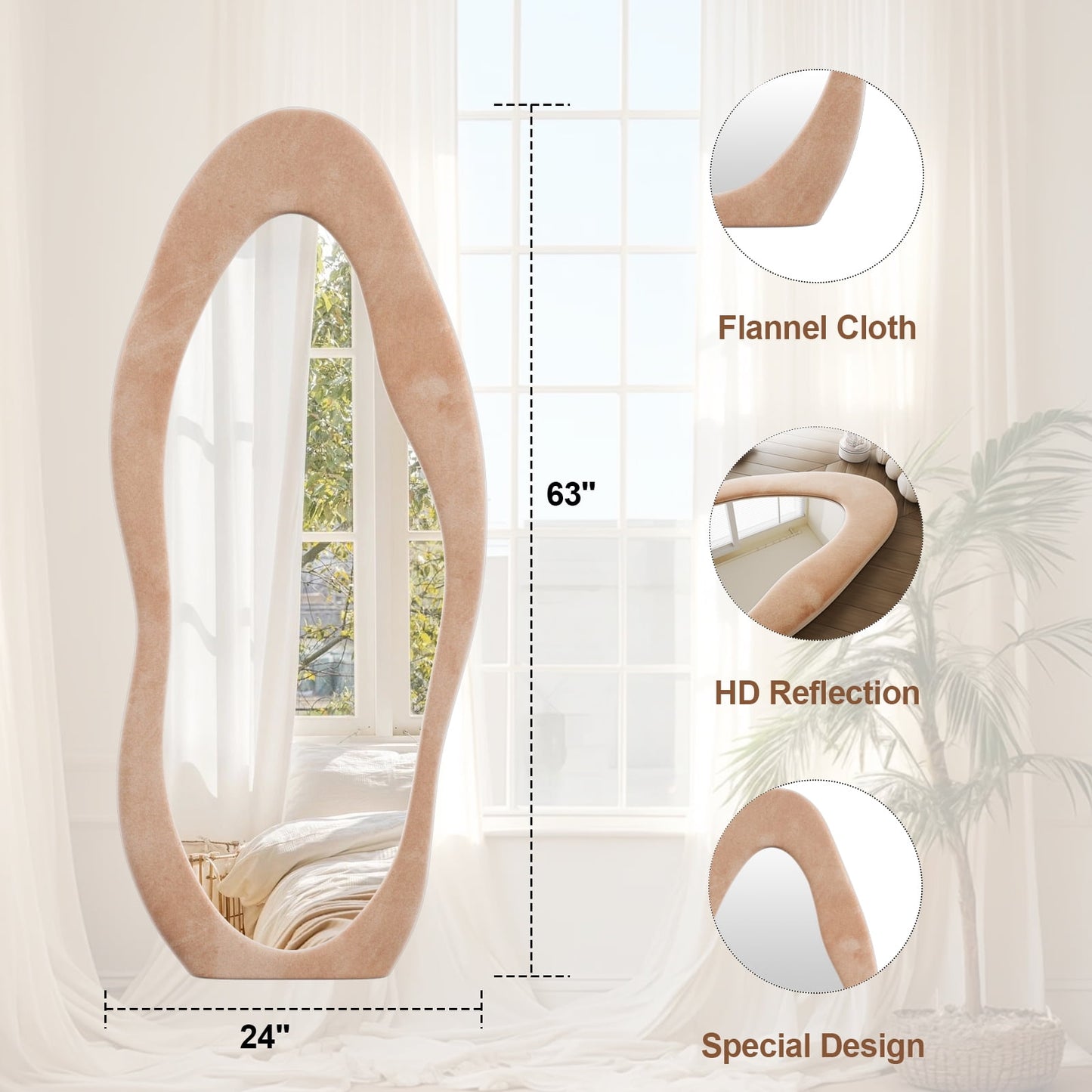 XANLUOER 63"x24" Full Length Mirror Irregular Cloud Floor Mirror With Flannel Frame, Light Brown