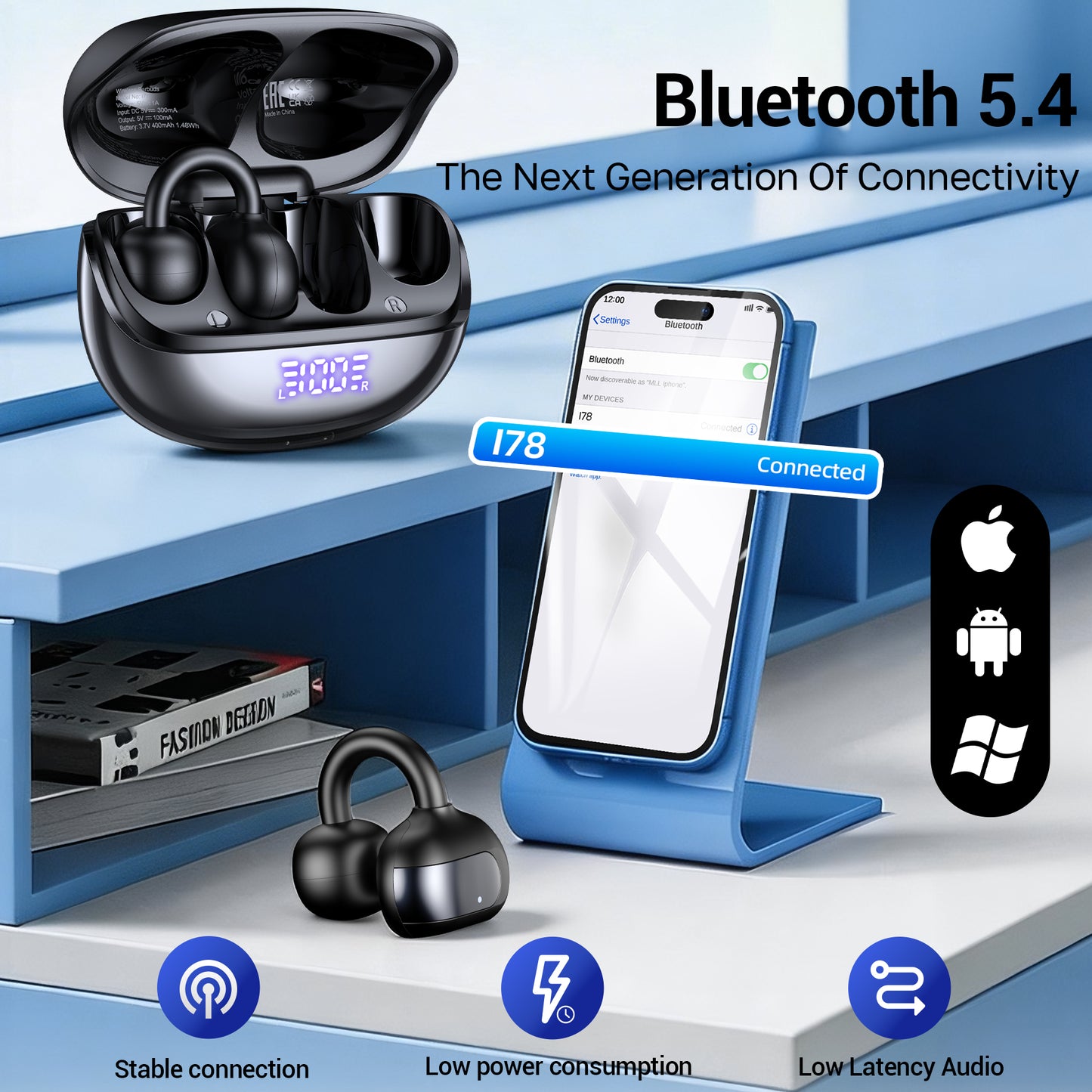 Open Ear Earbuds, Wireless Earbuds, Air Conduction Headphones Bluetooth 5.4,Clip on Headphones with Mic 60H Playtime,Light Weight, ENC Clear Calls, 3D Soundstage,IPX7 Waterproof for Running/Workout