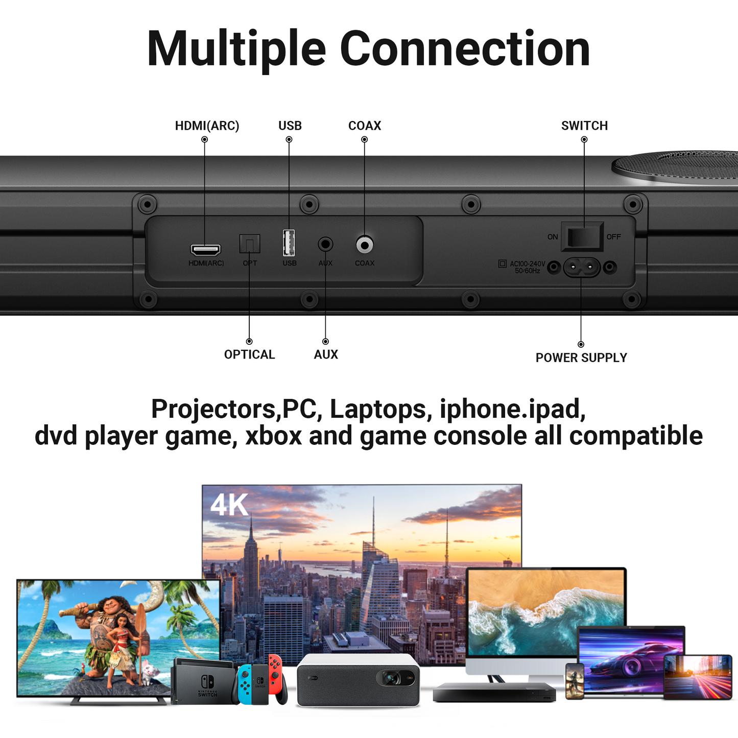 VEAT00L S50L 100W 2.2ch Sound Bars for TV, Soundbar with Subwoofer, Wired & Wireless Bluetooth 5.0 3D Surround Speakers, Optical/HDMI/AUX/COAX/USB Connection, Wall Mountable