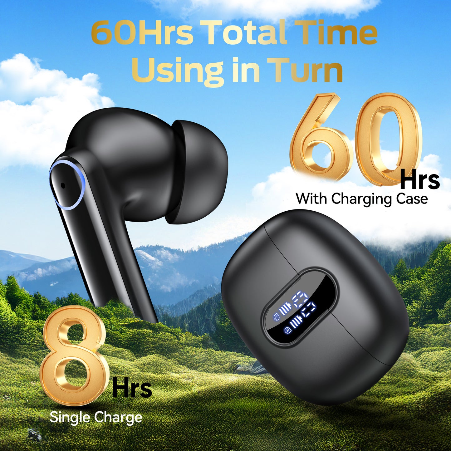 VEAT00L Wireless Earbuds Bluetooth 5.4 Headphones Deep Bass Hi-Fi Stereo Ear Buds in-Ear Earphones with Mic Clear Call, 60H Playtime Dual LED Display Ear Buds IPX7 Waterproof for Sports, Workout