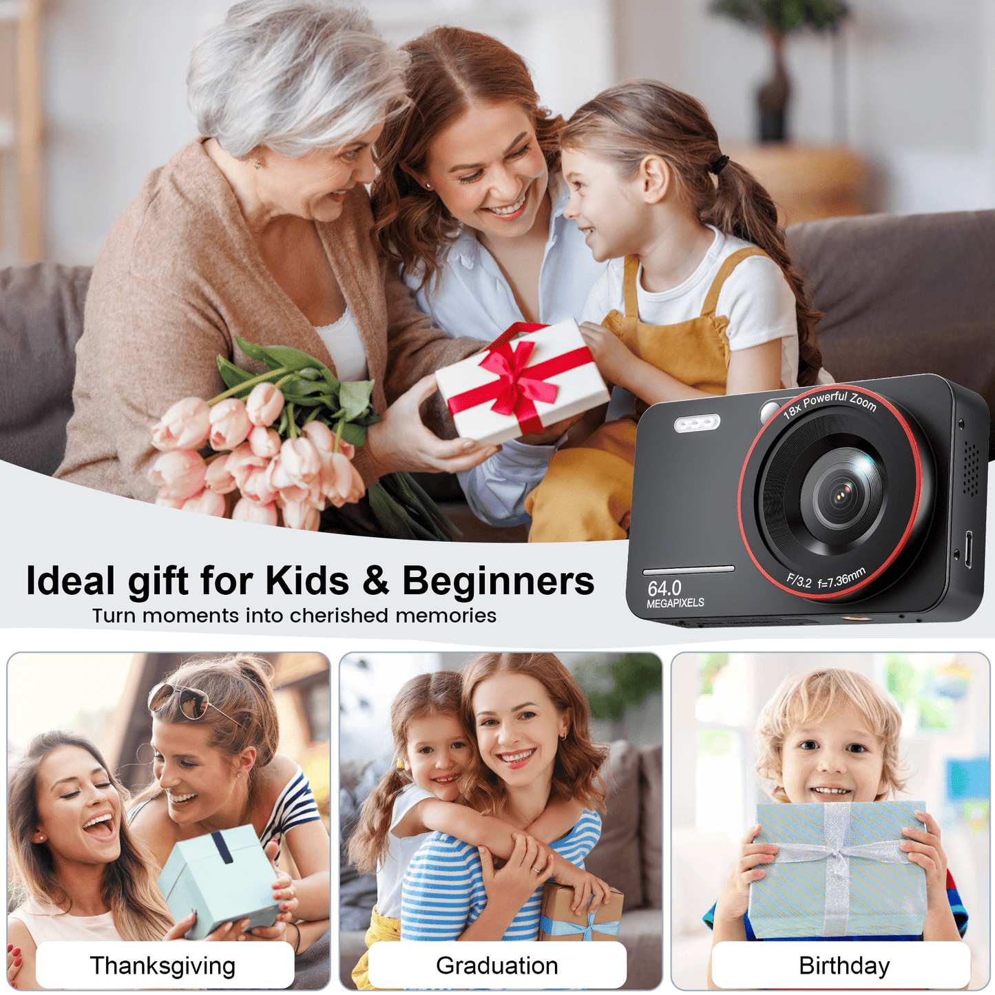 Losei 64MP 4K Digital Camera, 2.8" Screen, 18X Zoom, Anti-Shake, Retro Camera, Vlogging Camera for Kids, Teens, Seniors, with 32GB Card, Black