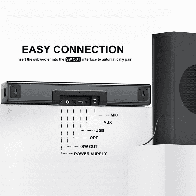 KDMLR S22 100W Sound Bar for TV, Soundbar with Subwoofer, Wired & Wireless Bluetooth 5.0 3D Surround Speakers, Optical/AUX/MIC/USB Connection, Wall Mountable, Remote Control