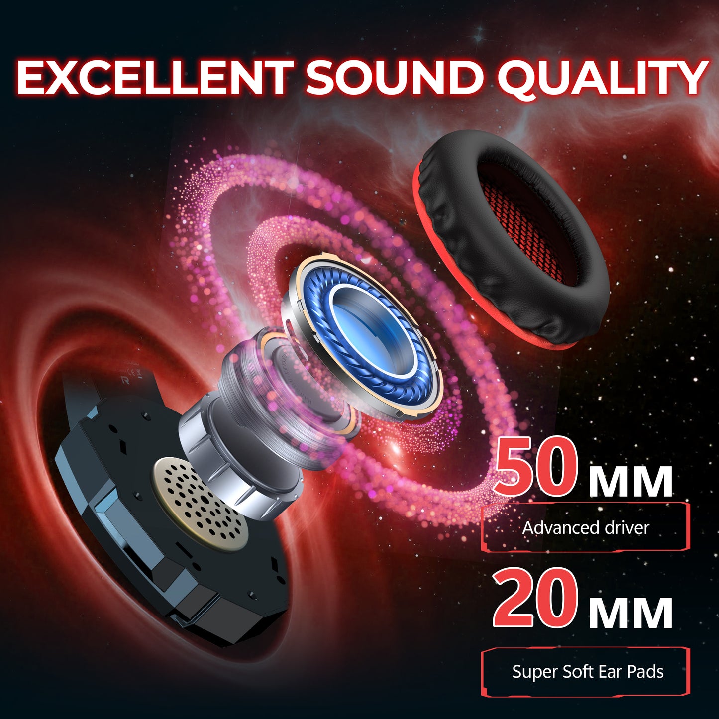 Gaming headset, over-ear design, RGB lighting, noise cancellation, long battery life, multi-device compatibility.