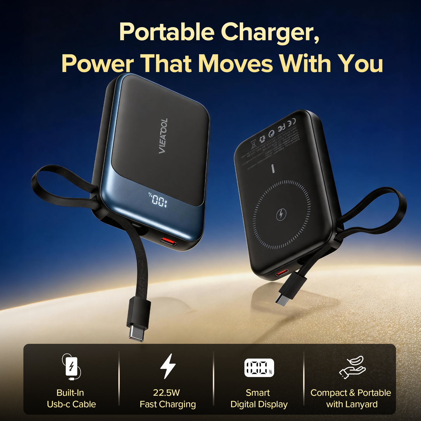 10,000mAh power bank supporting 1.5-hour fast charging; suitable for home backup, outdoor emergencies, and camping.