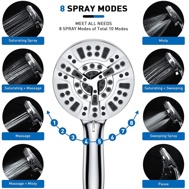 Handheld Shower Head, KDMLR 10-Mode 5.1”High Pressure Shower Head with Handheld (5 Ft Steel Long Hose/ Detachable Brass Holder/ Anti-Clog Nozzle) Built-in 2-Mode Power Wash Spray (2.5 GPM, Chrome)