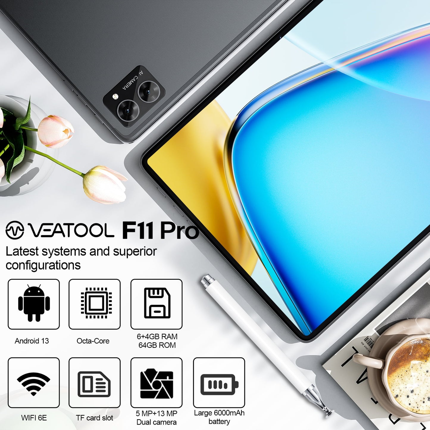 VEAT00L Tablet,Android 13 Tablet 10.1 Inch,Octa-Core 5G WiFi,4G Cellular,10GB(6+4) RAM,64GB ROM,1TB Expand,Widevine L1,6000mAh,Bluetooth 5.4, 13MP+5MP Dual Camera,Face ID,Slim Lightweight,Metal Body