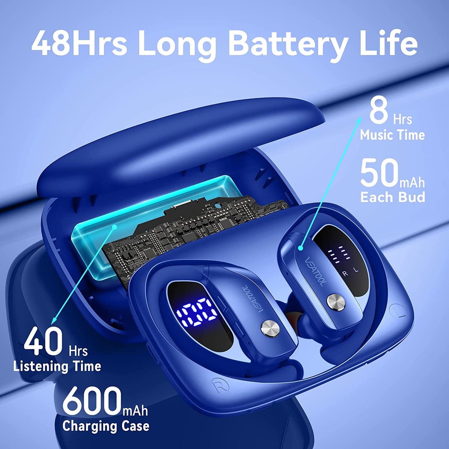 VEAT00L Wireless Earbuds Bluetooth Headphone Sport, Bluetooth 5.4 Earbud, 72Hrs Earphone with Earhook, Mic