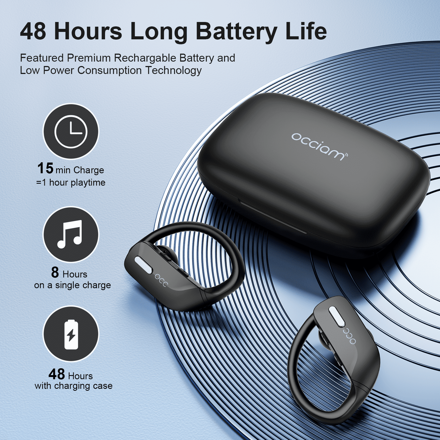 Bluetooth Headphones Wireless Earbuds 48hrs Playback IPX5 Waterproof Earphones Over-Ear Stereo Bass Headset with Earhooks Microphone LED Battery Display for Sports/Workout/Gym Black