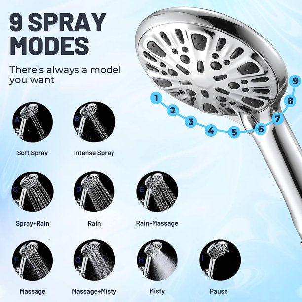 KDMLR 9 Functions Shower Head High Pressure Handheld Shower Head Luxury Modern Polished Chrome Look High Flow Bathroom Showerhead Set with 59" Hose Bracket Teflon Tape