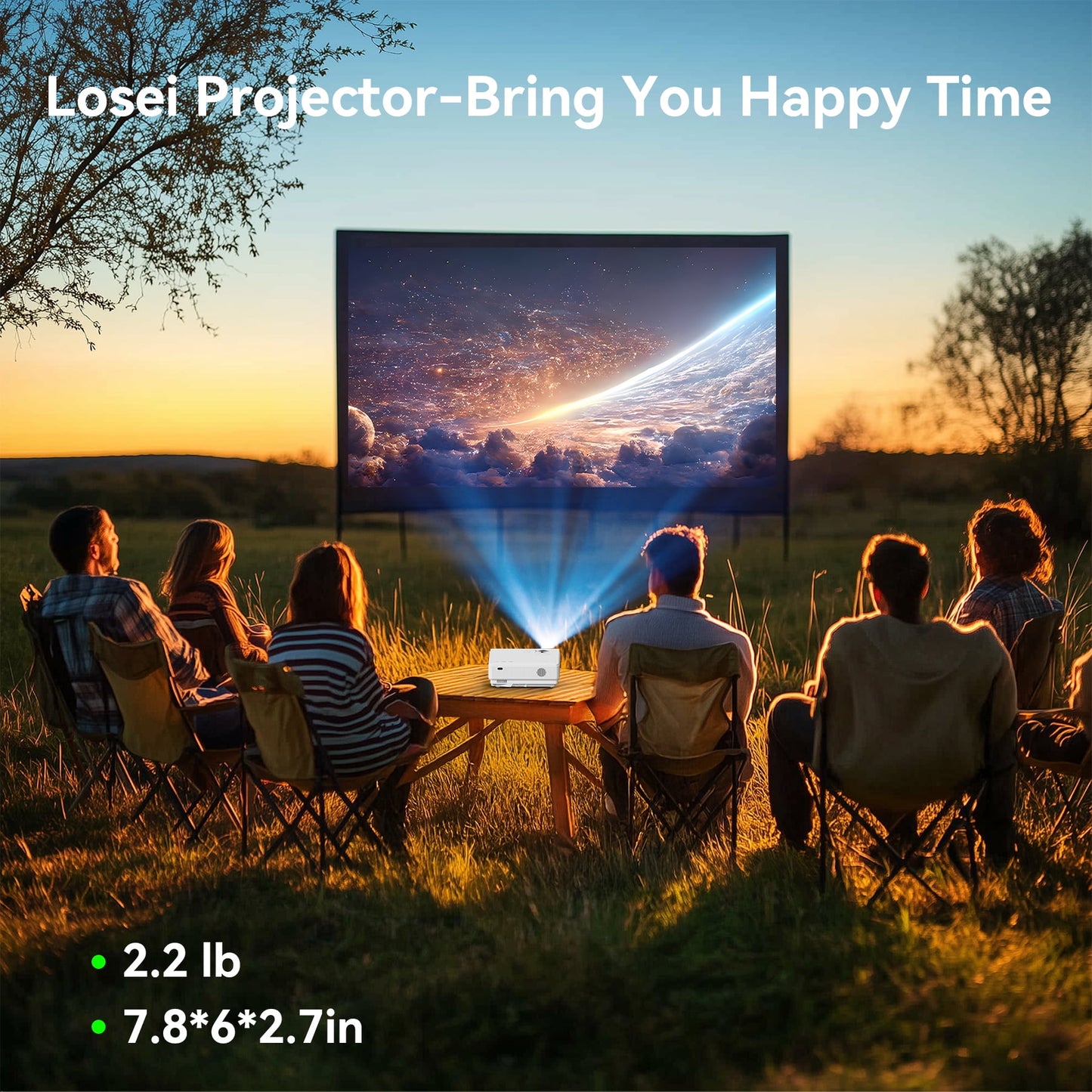 M6 1080P Portable Projector, 200" Display, Outdoor Movie Projector, Home Theater, Compatible with HDMI/USB/AV/Smartphone/TV Box/Laptop