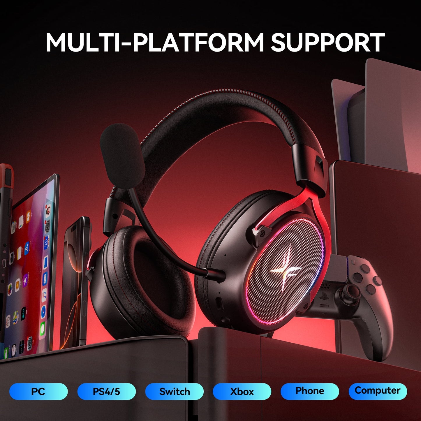 TAGRY K3 2.4GHz Wireless Gaming Headsets 7.1 Surround Sound Bluetooth Headphones 70H Playtime ENC Noise Cancelling Over Ear Game Headphone with Mic