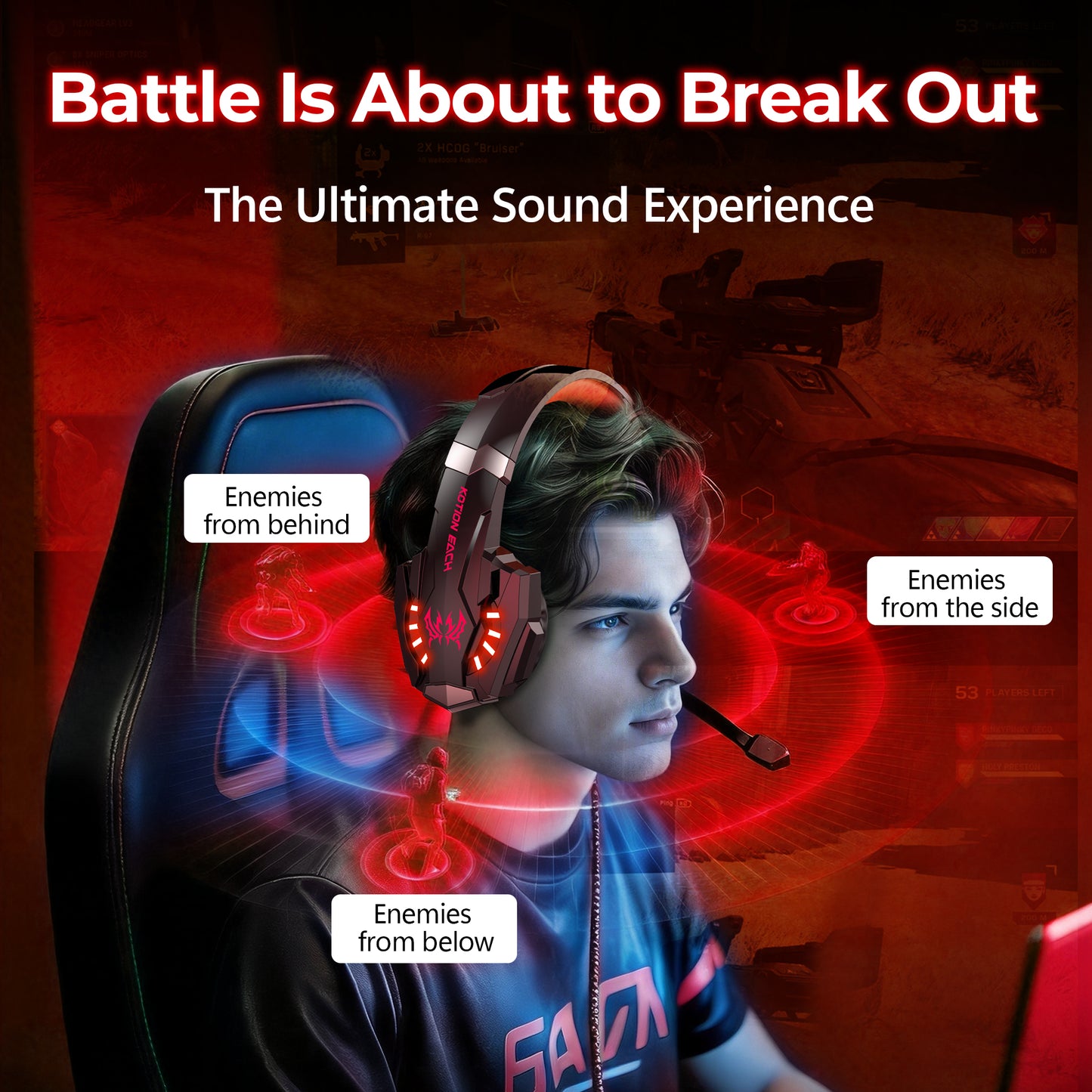 Gaming headset, over-ear design, RGB lighting, noise cancellation, long battery life, multi-device compatibility.