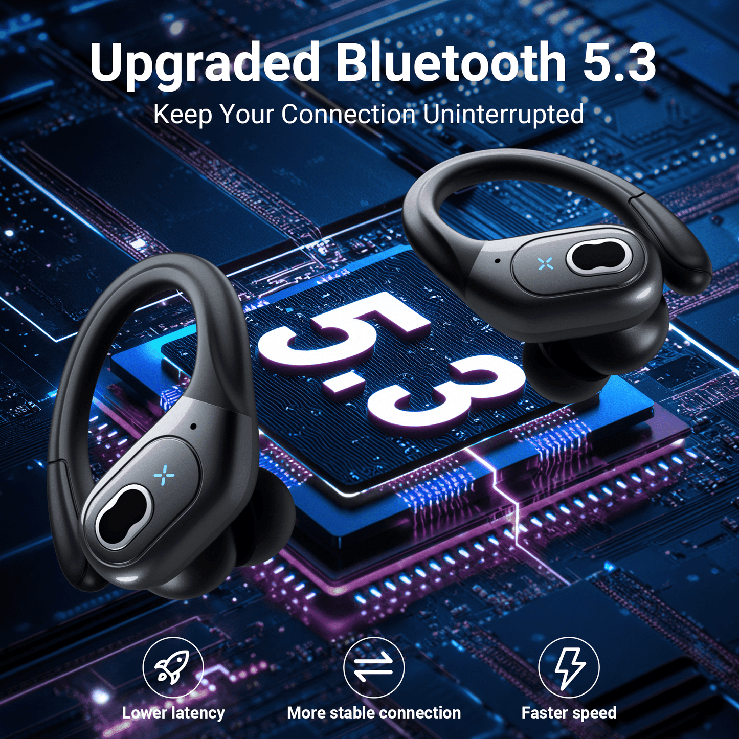 VEAT00L Headphones Wireless Earbuds Sport, Bluetooth 5.3 Over Ear Buds Stereo Deep Bass Headset with Earhooks, 80H Dual LED Display Wireless Earphones with ENC Noise Canceling Mic,for Running/Workout