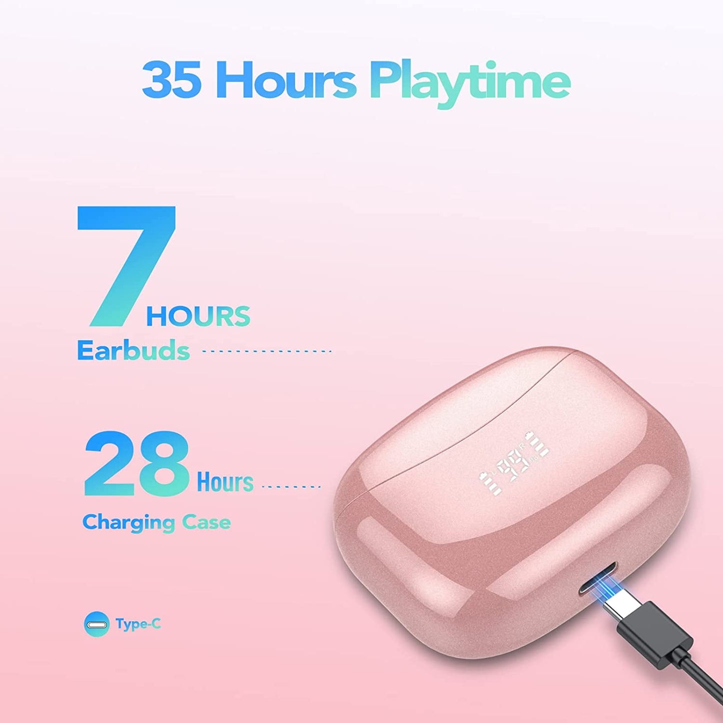 VEATOOL X15 Wireless Earbuds Bluetooth 5.2 Headphones,35H Hi-Fi Stereo Deep Bass Earphones with Noise Cancelling Mic IP7 Waterproof Sport Headset with LED Power Display for Laptop Pad Phones Pink