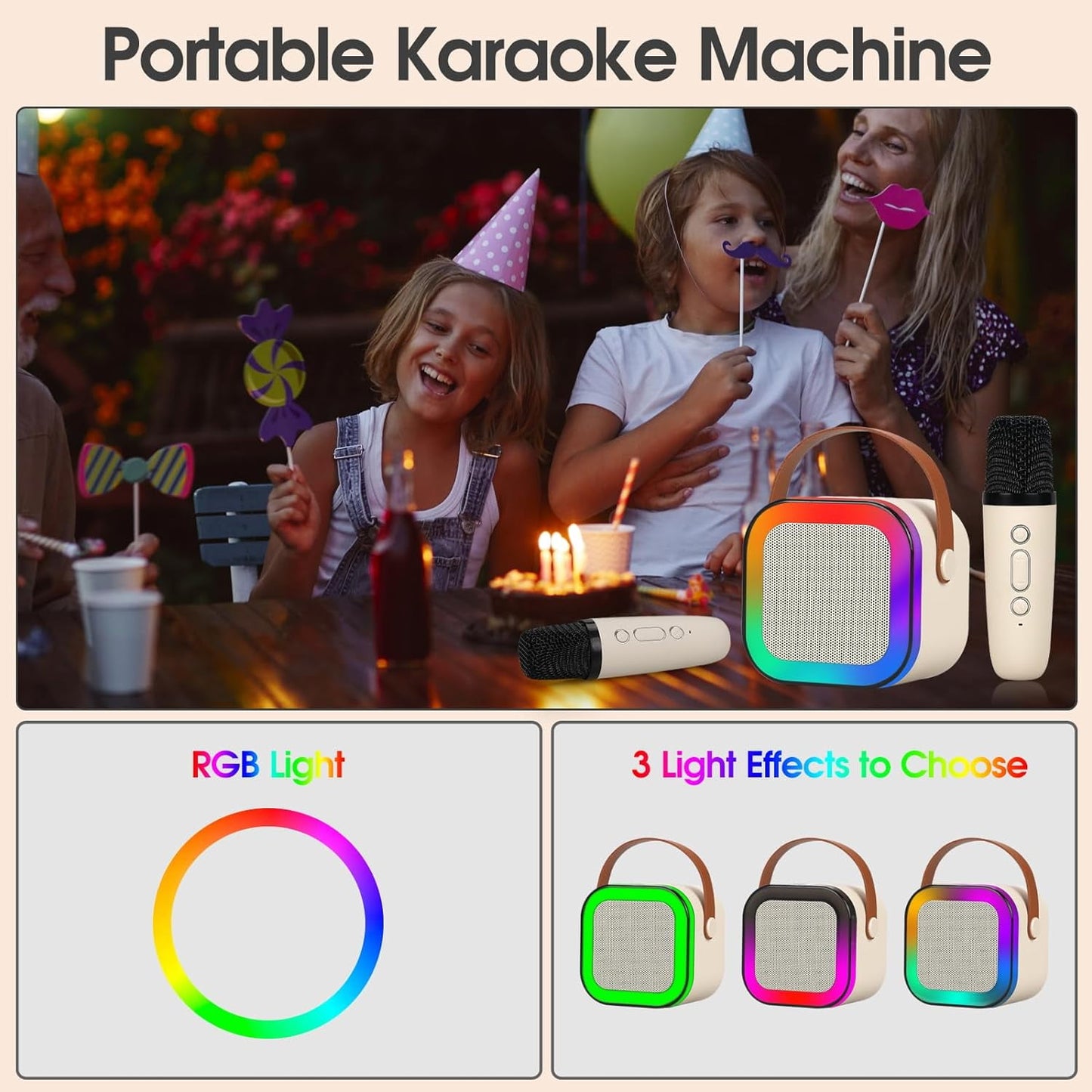Karaoke Machine for Kids Adults,Mini Portable Blue-Tooth Karaoke Speaker with 2 Wireless Microphones and Dynamic Lights,Birthday Gift,Home KTV,Outdoor,Travel