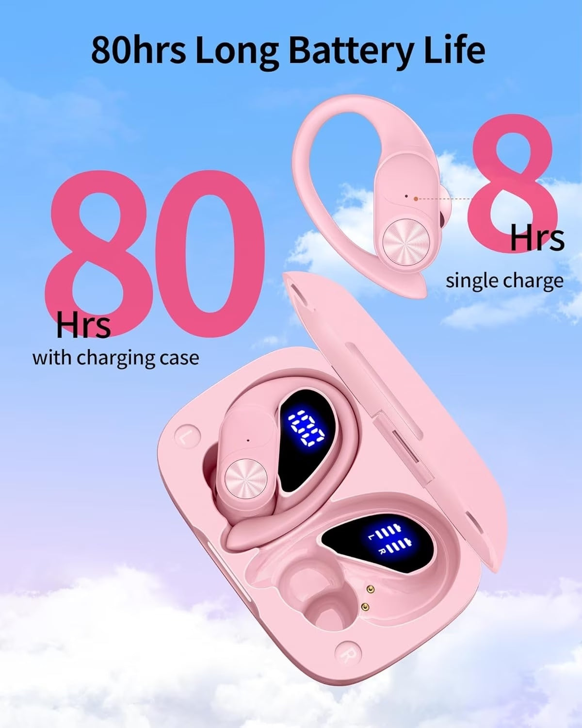 VEAT00L V6 Wireless Earbuds, 88Hrs Playback, Sport Earhooks, Digital Display Charging Case, IPX7 Waterproof, Deep Bass, for iOS Android