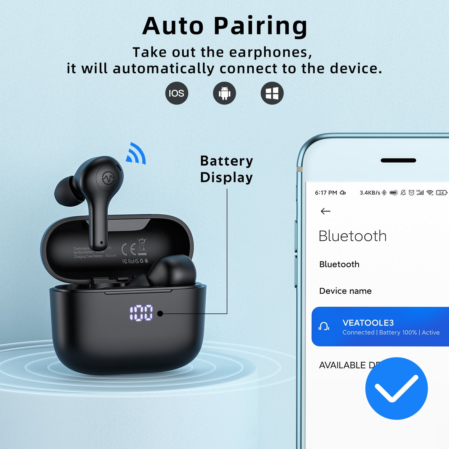 Bluetooth Headphones, True Wireless Earbuds with Wireless Charging Case, Waterproof Touch Control Stereo in-Ear Headset for iPhone 13 Pro Max XS XR Samsung Android