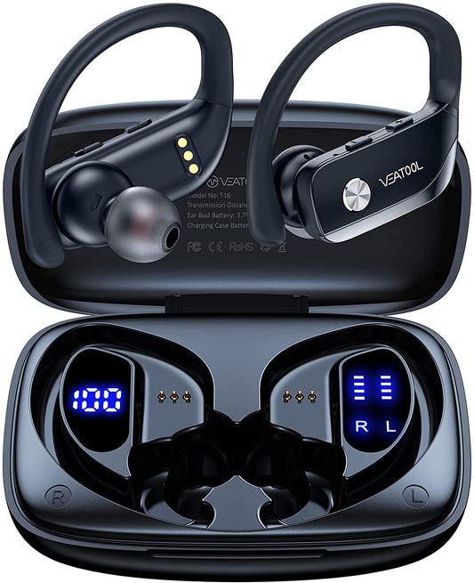 Wireless Earbuds, Bluetooth 5.0 True Wireless Headphones Sports Bluetooth Earphones Over-Ear Noise Cancelling Earbuds with LED Display Over-Ear Buds with Earhooks Built-in Mic Headset for Workout