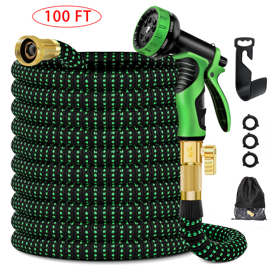 Expandable Garden Hose 100ft Upgraded,Flexible Lightweight Water Hose with 10 Way Spray Nozzle,Durable 4-Layer Latex Core,3/4” Solid Brass Fittings,Easy Store No Kink Leakproof Expanding Pipe