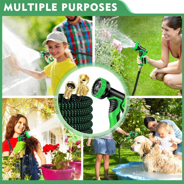 Expandable Garden Hose 100ft Upgraded,Flexible Lightweight Water Hose with 10 Way Spray Nozzle,Durable 4-Layer Latex Core,3/4” Solid Brass Fittings,Easy Store No Kink Leakproof Expanding Pipe